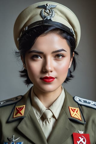 A determined young woman's face fills the frame, her short black hair styled neatly beneath the garrison cap adorned with a hammer and sickle emblem. A Soviet-inspired military uniform, complete with utility belt cinched at her waist, exudes strength and resilience. Her confident grin, illuminated by soft overhead lighting, conveys unwavering patriotism as she proudly holds a bolt-action rifle. The photorealistic image captures every detail, from the subtle creases on her uniform to the determined glint in her eye.,beauty