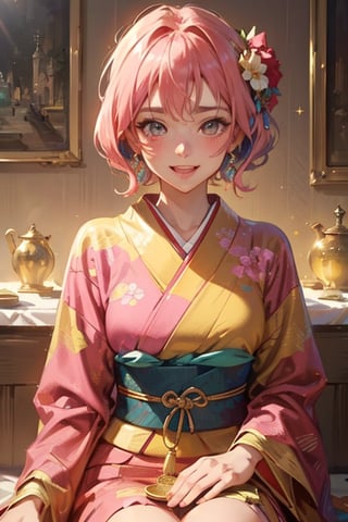 Close-up shot of a cheerful anime girl, dressed in a vibrant yellow kimono, sitting amidst a treasure trove of sparkling gold coins, glittering gems, and shimmering diamonds. Her bright pink hair bounces with excitement as she gazes lovingly at the treasure before her. The warm golden lighting casts a cozy glow on the scene, emphasizing the tactile textures of the precious jewels.