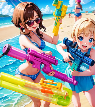 2 Cute 18 year old Anime girls on the beach playing with a water gun, super Soaker