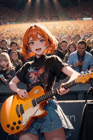 A kaleidoscope of anime characters throngs together to witness a high-energy rock concert, their faces aglow in the energy 