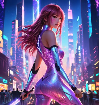  A dynamic shot frames KAIRI  holding a sword glowing with an iridescent sheen on her high-tech jumpsuit. Her long, flowing hair streams behind like a golden cape against the vibrant cityscape at sunset. Neon lights dance across towering skyscrapers, reflecting off her suit as she walks casting a warm glow on the bustling metropolis below.