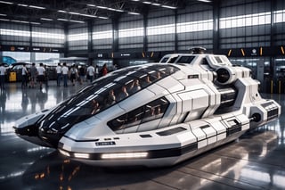  Futuristic high tech idea of a  hovercraft, Dark Metallic White and Silver Exterior,  parked at a futuristic airport 