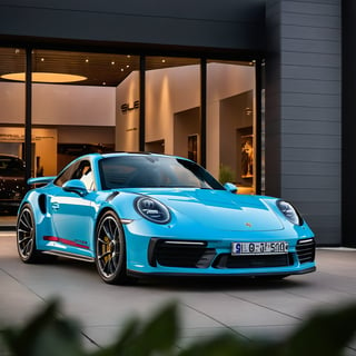 In a breathtakingly clear 8K high-resolution image, a sleek ((Matt)) coloured Porsche 911 sits majestically outside a gleaming luxury showroom. The sun shines brightly overhead, casting a warm glow on the vehicle's perfect wheels and precision-cut lines. Framed by the building's sleek facade, the 911 takes center stage, a rear view showing its powerful stance accentuated by the subtle curvature of the showroom's architecture.,Porsche,911