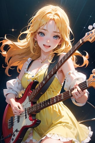 A close-up shot of a sweet-faced anime girl wearing a sparkly outfit,Bass guitar on stage, Her long hair bounces with each hit as she plays a lively rhythm, her eyes shining with excitement. Soft pastel colors and whimsical lighting create a dreamy atmosphere, while the composition emphasizes her joyful energy.