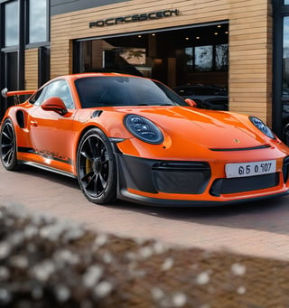 A Porsche 911 painted in ((Orange)) parked outside a luxury showroom, on a sunny day, perfect wheels, ((Full Vehicle image)), high resoution image, 8K, ,Porsche