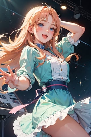 A close-up shot of a sweet-faced anime girl wearing a sparkly outfit, keyboard on stage, Her long hair bounces with each hit as she plays a lively rhythm, her eyes shining with excitement. Soft pastel colors and whimsical lighting create a dreamy atmosphere, while the composition emphasizes her joyful energy.