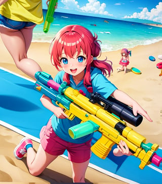 2 Cute 18 year old Anime girls on the beach playing with a water gun, super Soaker