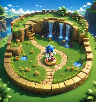 An image of the popular game Sonic the hedgehog, with a layout showing grass, golden rings on pathways, waterfalls, checkered  walls, Isometric view