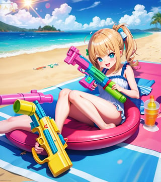 2 Cute 18 year old Anime girls on the beach playing with a water gun, super Soaker