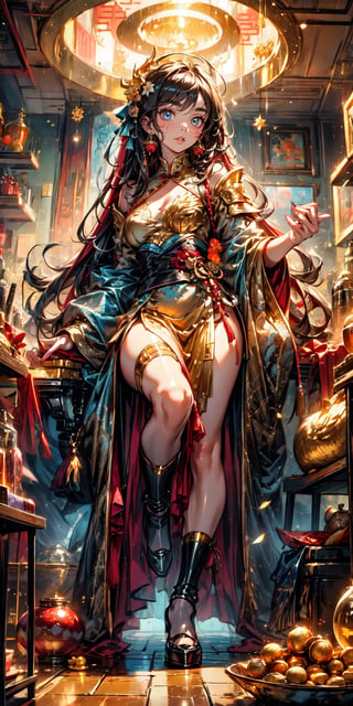 Festive atmosphere of Chinese New Year, surrounded by treasure, chests, and various gold coins, on top of the gold coins a shining golden dragon, a girl in dragon armor protected by the golden dragon, gazing at the distant sunrise, grand and magnificent scene, by FuturEvoLab, (masterpiece: 2), best quality, ultra highres, original, extremely detailed, perfect lighting, rich colors, luxurious and celebratory environment