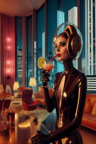 berlin megacity retro-futuristic with styles of jugend and art deco a living room woman enjoying a delicious coctail in stylish surroundings with state of the art furnitures and lights,she is wearing bizarre obscure wholebodyrubbersuitwithaccessories fashion photo shoot