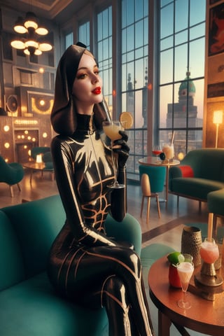 berlin megacity retro-futuristic with styles of jugend and art deco a living room woman enjoying a delicious coctail in stylish surroundings with state of the art furnitures and lights,she is wearing bizarre obscure wholebodyrubbersuitwithaccessories fashion photo shoot