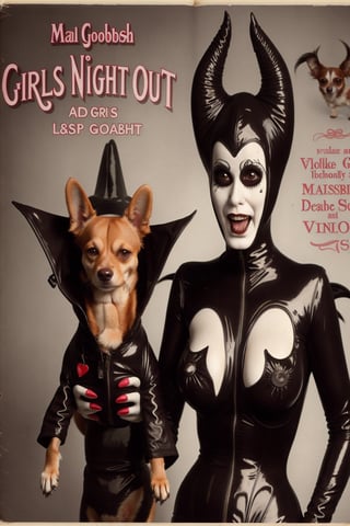 madam goobash and and her demonic chihuahua wearing the latest and greates of fashion in wholebodyrubbersuit girls night out 1800´s vintage add