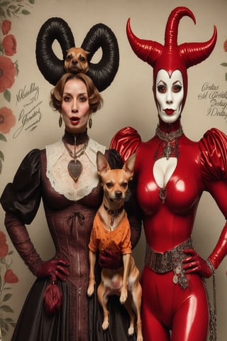 madam goobash and and her demonic chihuahua wearing the latest and greates of fashion in wholebodyrubbersuit girls night out 1800´s vintage add