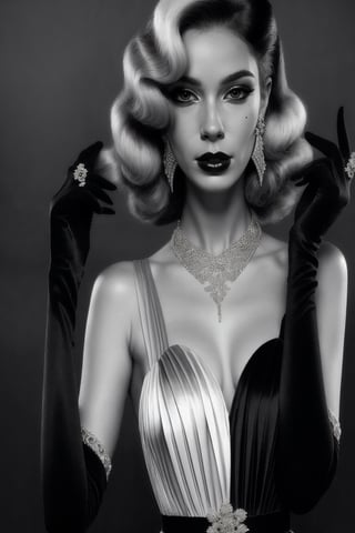 portrait of a 1940´s hollywood era glamour model wearing stylish evening gown that is colored half black and half white plus silver outlines fashion photoshoot