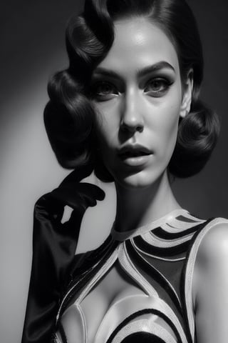 portrait of a 1940´s hollywood era glamour model wearing stylish evening gown that is colored half black and half white plus silver outlines fashion photoshoot