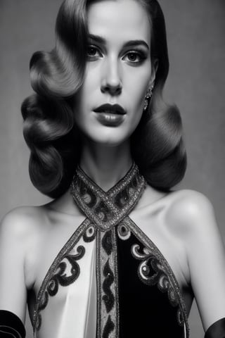 portrait of a 1940´s hollywood era glamour model wearing stylish evening gown that is colored half black and half white plus silver outlines fashion photoshoot