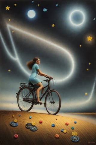 fine art oil painting a woman driving bicycle and sprinkles stars around