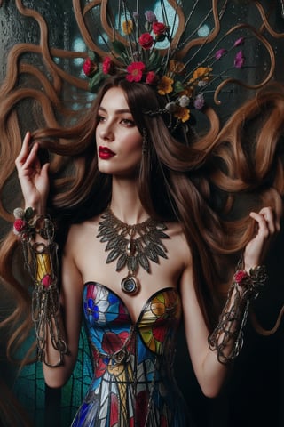 a woman wearing floral dress and long hair open,rubber and rubber like materials,stained glass,metal links and pieces,fashion photo shoot fantasy queen