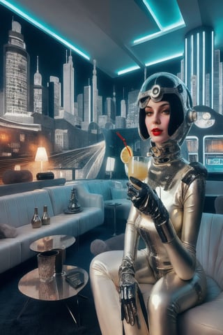 berlin megacity retro-futuristic with styles of jugend and art deco a living room woman enjoying a delicious coctail in stylish surroundings with state of the art furnitures and lights,she is wearing bizarre obscure wholebodyrubbersuitwithaccessories fashion photo shoot