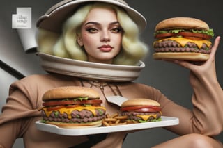 blonde woman strange space clothes  buubarella fashion photo shoot bigbazookas eating hamburgers. fix eyes,fix mouth,fix any anatomy errors. Create the facial details and nuances with extreme good quality,create the clothing and accessories details with ultra good details. Create the background and foreground details and nuances with hyper good quality. Use the colors as much as possible wide range with vivid and glossy style. make the whole picture with super good detailed foto realistic quality.