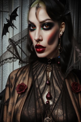 1970´s hammer horror style vampire queen fashion photo shoot gothic beauty. keep facial details and looks as close to the original as possible.