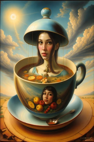 strange oilpainting where woman in the soupbowl floating in the sky