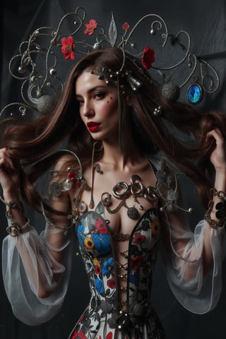 a woman wearing floral dress and long hair open,rubber and rubber like materials,stained glass,metal links and pieces,fashion photo shoot fantasy queen