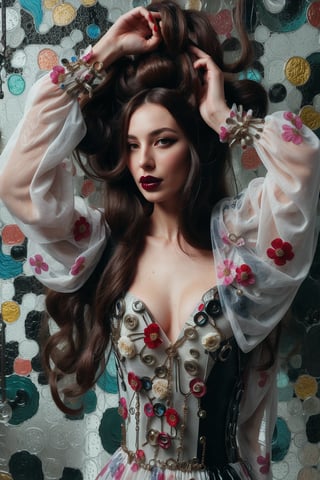 a woman wearing floral dress and long hair open,rubber and rubber like materials,stained glass,metal links and pieces,fashion photo shoot fantasy queen