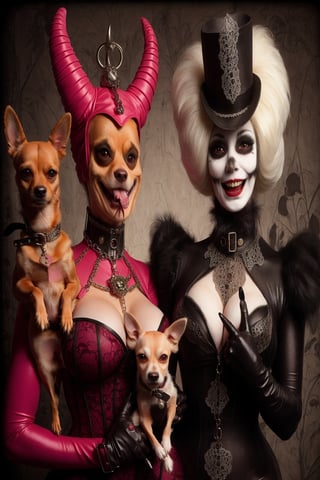 madam goobash and and her demonic chihuahua wearing the latest and greates of fashion in wholebodyrubbersuit girls night out 1800´s vintage add