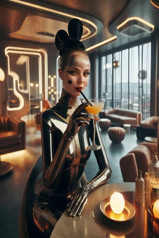 berlin megacity retro-futuristic with styles of jugend and art deco a living room woman enjoying a delicious coctail in stylish surroundings with state of the art furnitures and lights,she is wearing bizarre obscure wholebodyrubbersuitwithaccessories fashion photo shoot