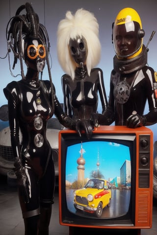 berlin megacity retro-futuristic  host for strange talk show with various guests on television,she is wearing bizarre obscure wholebodyrubbersuitwithaccessories  fashion photo shoot