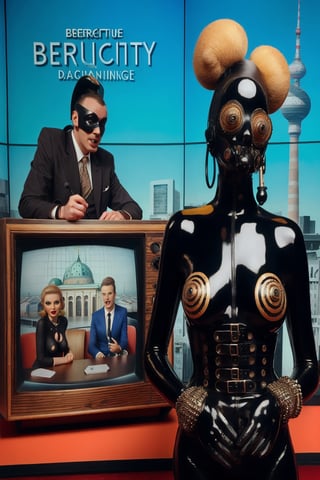 berlin megacity retro-futuristic  host for strange talk show with various guests on television,she is wearing bizarre obscure wholebodyrubbersuitwithaccessories  fashion photo shoot