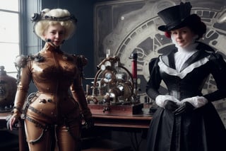 victorian era ladies dressed in rubber full bodysuit with strange metal contraptions and are interested in science