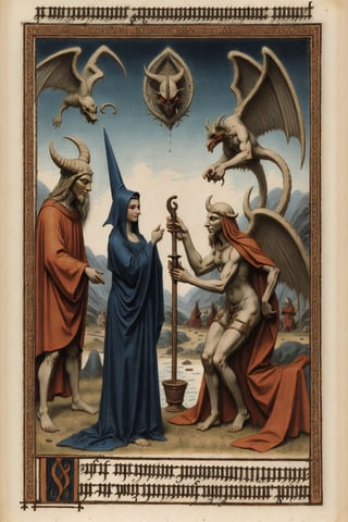 medieval aquatinta picture of covenant with the devil.,beautiful