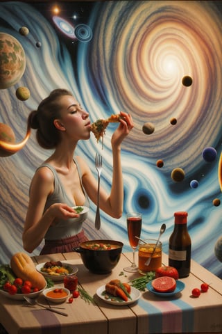 strange oilpainting where woman eating her dinner in the universe she is creating