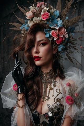 a woman wearing floral dress and long hair open,rubber and rubber like materials,stained glass,metal links and pieces,fashion photo shoot fantasy queen