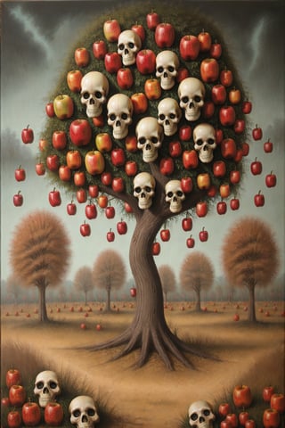 strange oilpainting where appletree grows skulls instead of apples