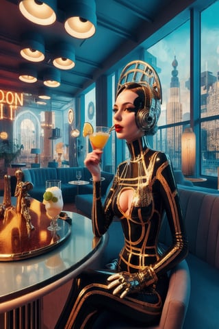 berlin megacity retro-futuristic with styles of jugend and art deco a living room woman enjoying a delicious coctail in stylish surroundings with state of the art furnitures and lights,she is wearing bizarre obscure wholebodyrubbersuitwithaccessories fashion photo shoot