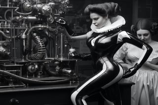 victorian era ladies dressed in rubber full bodysuit with strange metal contraptions and are interested in science