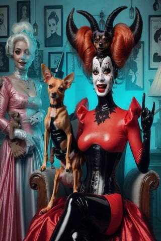 madam goobash and and her demonic chihuahua wearing the latest and greates of fashion in wholebodyrubbersuit girls night out 1800´s vintage add