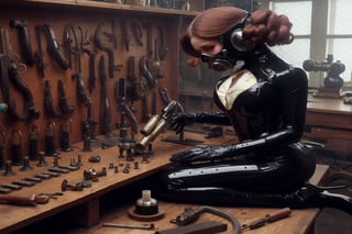 victorian era ladies dressed in rubber full bodysuit with strange metal contraptions and are interested in science