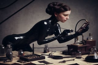 victorian era ladies dressed in rubber full bodysuit with strange metal contraptions and are interested in science