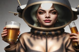 blonde woman strange space clothes  buubarella fashion photo shoot bigbazookas drinking beer. fix eyes,fix mouth,fix any anatomy errors. Create the facial details and nuances with extreme good quality,create the clothing and accessories details with ultra good details. Create the background and foreground details and nuances with hyper good quality. Use the colors as much as possible wide range with vivid and glossy style. make the whole picture with super good detailed foto realistic quality.