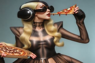 blonde woman strange space clothes  buubarella fashion photo shoot bigbazookas eating pizza. fix eyes,fix mouth,fix any anatomy errors. Create the facial details and nuances with extreme good quality,create the clothing and accessories details with ultra good details. Create the background and foreground details and nuances with hyper good quality. Use the colors as much as possible wide range with vivid and glossy style. make the whole picture with super good detailed foto realistic quality.