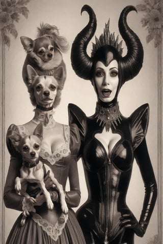 madam goobash and and her demonic chihuahua wearing the latest and greates of fashion in wholebodyrubbersuit girls night out 1800´s vintage add