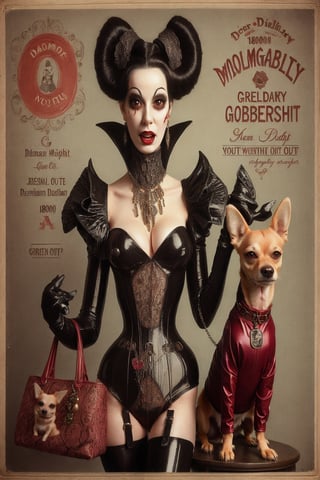 madam goobash and and her demonic chihuahua wearing the latest and greates of fashion in wholebodyrubbersuit girls night out 1800´s vintage add