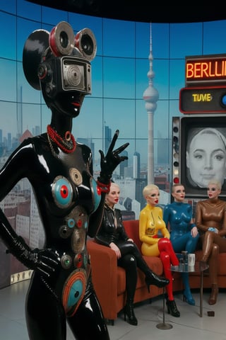 berlin megacity retro-futuristic  host for strange talk show with various guests on television,she is wearing bizarre obscure wholebodyrubbersuitwithaccessories  fashion photo shoot