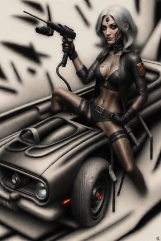 inkpaint cartoon dark fantasy cyberpunk style female bounty hunter driving brutal musclecar helldorado. draw the picture close to the original as much as possible.