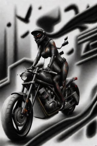 inkpaint cartoon dark fantasy cyberpunk style female bounty hunter driving brutal motorbike ultradeath. draw the picture close to the original as much as possible.